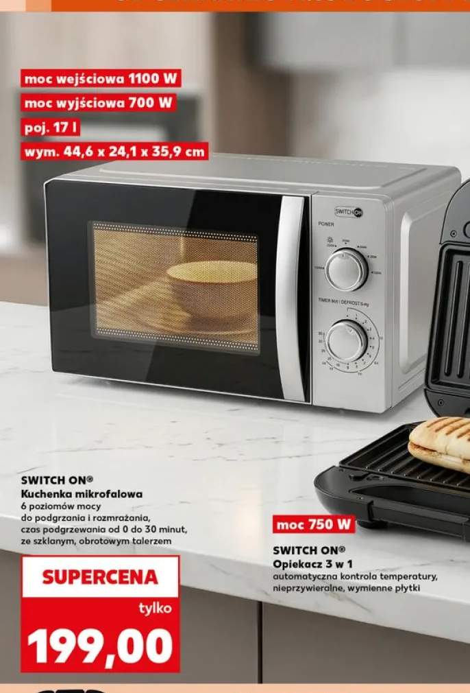 Kuchenka mikrofalowa SWITCH ON 6 poziomów mocy do podgrzania i rozmrażania czas podgrzewania od 0 do 30 minut ze szklanym obrotowym talerzem moc wejściowa 1100W moc wyjściowa 700W poj. 17l wym. 44,6x24,1x35,9cm