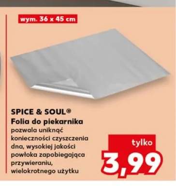Folia do piekarnika SPICE & SOUL pozwala uniknąć konieczności czyszczenia dna wysokiej jakości powłoka zapobiegająca przywieraniu wielokrotnego użytku wym. 36x45cm