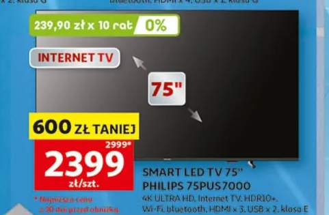 SMART LED TV 75" PHILIPS 75PUS7000 4K ULTRA HD Internet TV HDR10+ Wi-Fi bluetooth HDMI x 3 USB x 2 klasa E