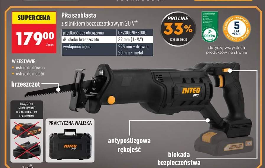 Piła szablasta z silnikiem bezszczotkowym NITEO PRO 20V