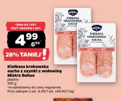 Kiełbasa krakowska sucha z szynki z wołowiną Mistrz Rohus plastry