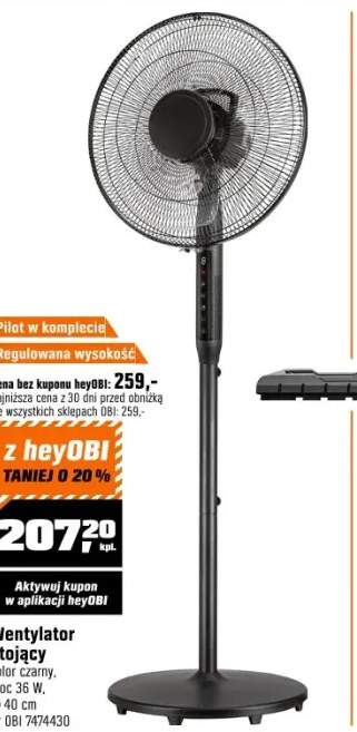 Wentylator stojący z pilotem, regulacja wysokości ,czarny 36W ,40cm