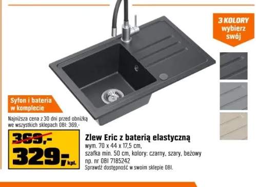 Zlew Eric 1-kom. 70 cm z baterią elastyczną i ociekaczem czarny