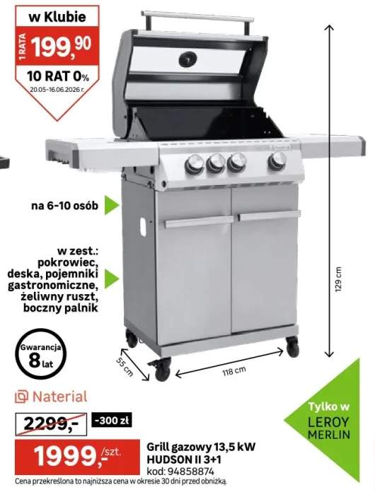 Grill gazowy 13,5kW Hudson II 3+1 palniki + pokrowiec czarny Naterial
