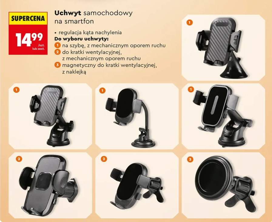 Uchwyt samochodowy na smartfon do kratki wentylacyjnej z mechanicznym oporem ruchu