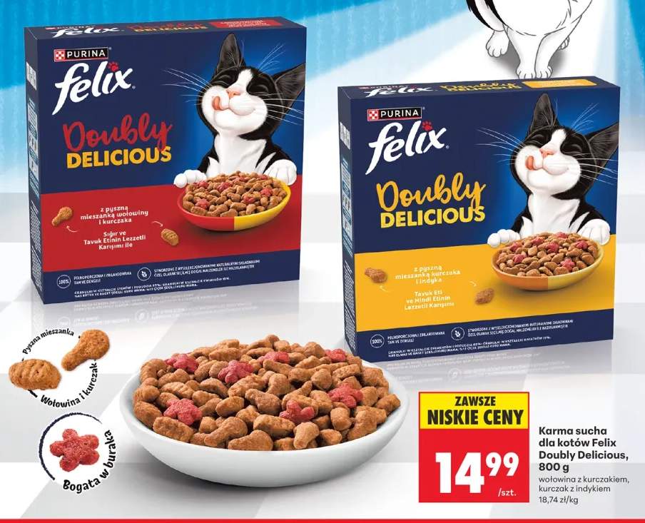 Karma sucha dla kotów Purina Felix Doubly Delicious wołowina z kurczakiem