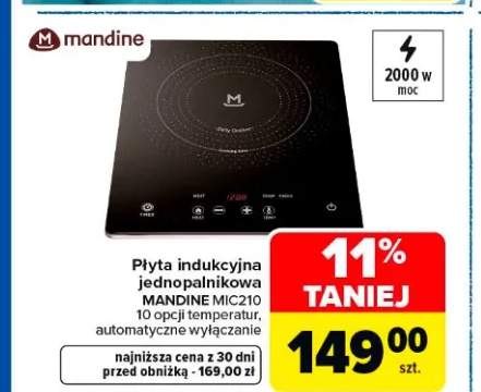 Płyta indukcyjna jednopalnikowa MANDINE MIC210 2000W 10 opcji temperatur automatyczne wyłączanie