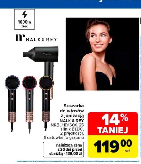 Suszarka do włosów z jonizacją NALK & REY NRBLHD1600-25 silnik BLDC, 2 prędkości, 3 ustawienia grzania 1600W