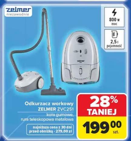Odkurzacz workowy ZELMER ZVC251 koła gumowe rura teleskopowa metalowa 800W 2,5l