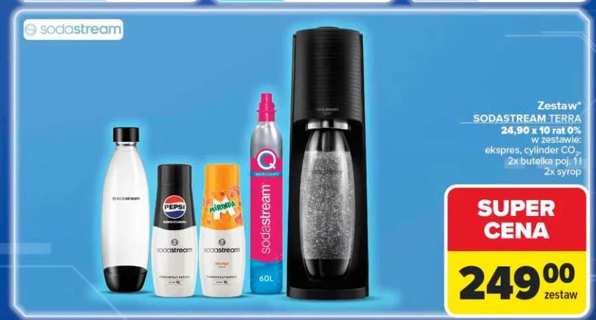 Zestaw SODASTREAM TERRA w zestawie: ekspres, cylinder CO2,2x butelka poj. 1l, 2x syrop