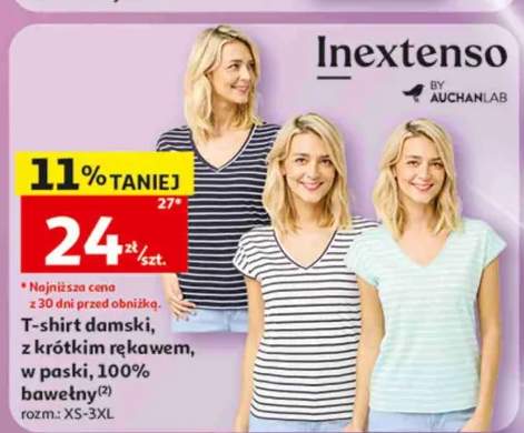 T-shirt damski z krótkim rękawem w paski 100% bawełna Inextenso