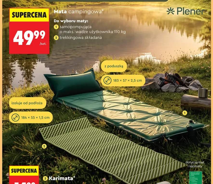 Mata campingowa samopompująca Plener o maks. wadze użytkownika 110kg z poduszką 183x57x2,5cm