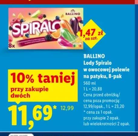 Lody Spiralo w owocowej polewie na patyku BALLINO 8-pak 70ml