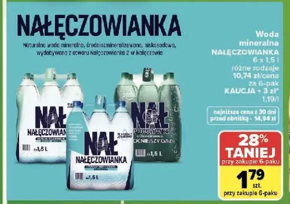 Woda mineralna NAŁĘCZOWIANKA delikatnie gazowana 6-pak 1,5l