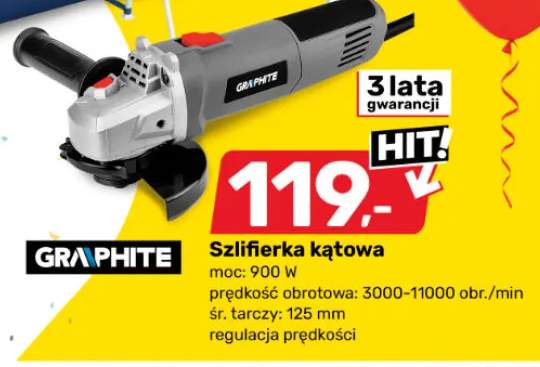 Szlifierka kątowa GRAPHITE moc: 900W prędkość obrotowa: 3000-11000 obr./min śr. tarczy: 125mm regulacja prędkości