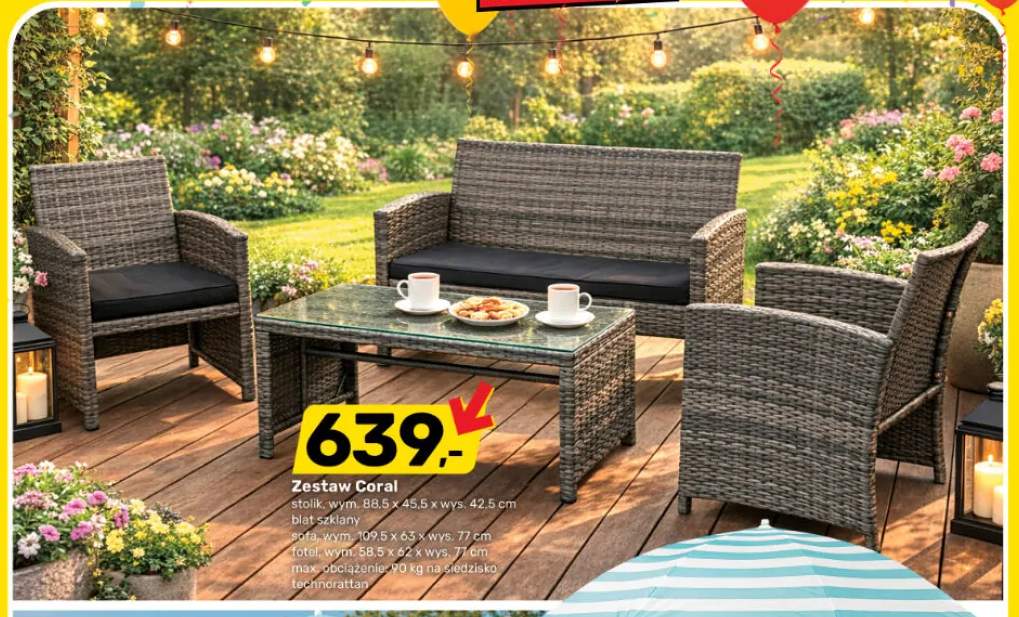 Zestaw Coral stolik 88,5x45,5x42,5cm blat szklany sofa 109,5x63x77cm fotel 58,5x62x77cm technorattan