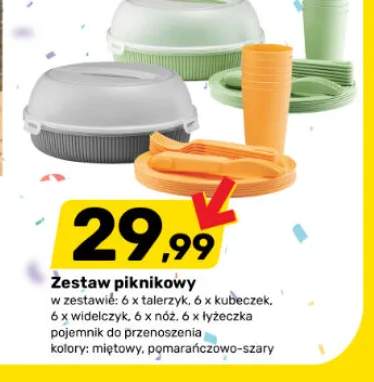 Zestaw piknikowy 6x talerzyk 6x kubeczek 6x widelczyk 6x nóż 6x łyżeczka pojemnik do przenoszenia