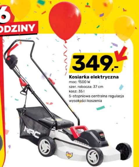 Kosiarka elektryczna NAC moc: 1500W szer. robocza: 37cm kosz: 35l 5-stopniowa centralna regulacja wysokości koszenia