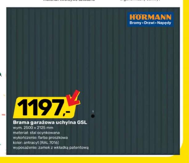 Brama garażowa uchylna GSL Hörmann wym. 2500x2125mm materiał: stal ocynkowana wykończenie: farba proszkowa kolor: antracyt (RAL 7016) wyposażenie: zamek z wkładką patentową