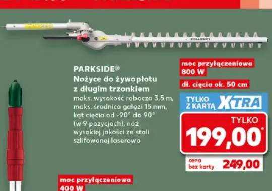 Nożyce do żywopłotu z długim trzonkiem PARKSIDE maks. wysokość robocza 3,5m, maks. średnica gałęzi 15mm, kąt cięcia od -90° do 90° (w 9 pozycjach), nóż wysokiej jakości ze stali szlifowanej laserowo moc przyłączeniowa 800W dł. cięcia ok. 50cm