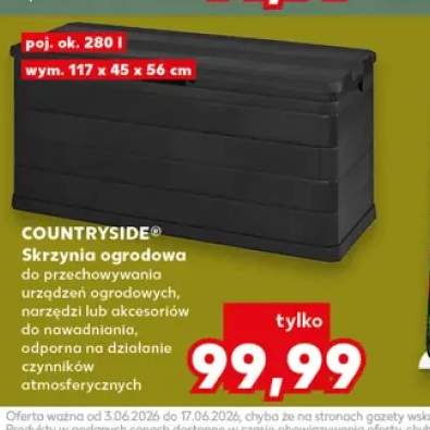 Skrzynia ogrodowa COUNTRYSIDE do przechowywania urządzeń ogrodowych, narzędzi lub akcesoriów do nawadniania, odporna na działanie czynników atmosferycznych poj. ok. 280l wym. 117x45x56cm
