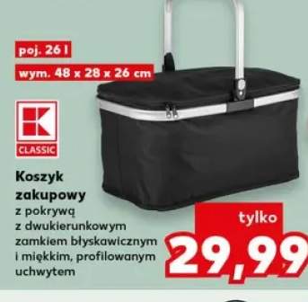 Koszyk zakupowy z pokrywą z dwukierunkowym zamkiem błyskawicznym i miękkim, profilowanym uchwytem CLASSIC poj. 26l wym. 48x28x26cm
