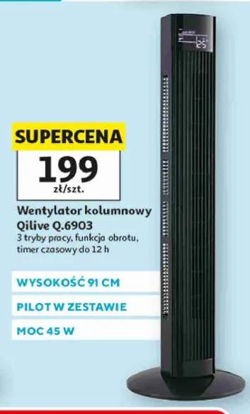 Wentylator kolumnowy Qilive Q.6903 3 tryby pracy funkcja obrotu timer czasowy do 12h wysokość 91cm pilot w zestawie moc 45W