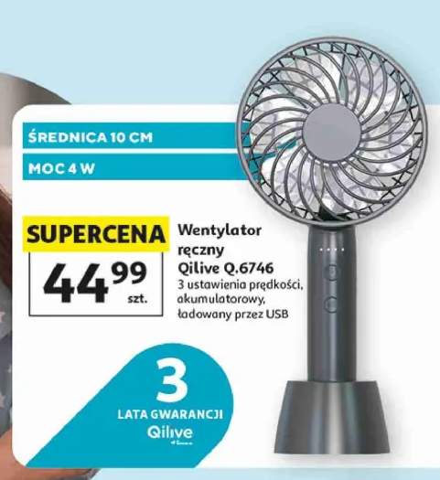 Wentylator ręczny Qilive Q.6746 3 ustawienia prędkości akumulatorowy ładowany przez USB średnica 10cm moc 4W