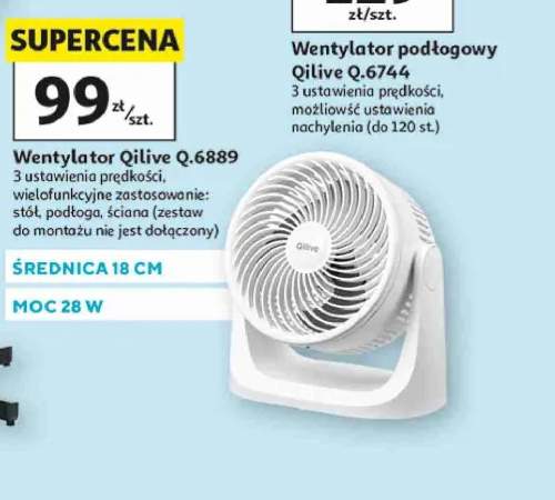 Wentylator Qilive Q.6889 średnica 18cm moc 28W 3 ustawienia prędkości wielofunkcyjne zastosowanie: stół podłoga ściana (zestaw do montażu nie jest dołączony)