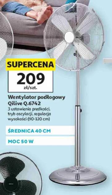 Wentylator podłogowy Qilive Q.6742 średnica 40cm moc 50W 3 ustawienia prędkości tryb oscylacji regulacja wysokości (90-120cm)