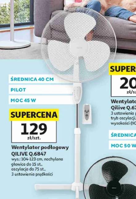 Wentylator podłogowy Qilive Q.6847 średnica 40cm pilot moc 45W wys.: 104-123cm nachylana głowica do 15 st. oscylacja do 75 st. 3 ustawienia prędkości
