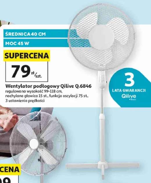 Wentylator podłogowy Qilive Q.6846 średnica 40cm moc 45W regulowana wysokość 99-118cm nachylana głowica 15 st. funkcja oscylacji 75 st. 3 ustawienia prędkości