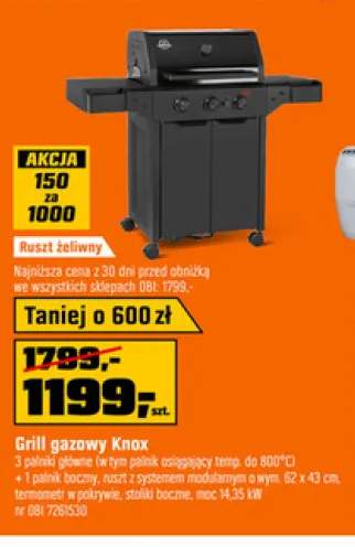 Grill gazowy Knox 3 palniki główne 1 palnik boczny ruszt z systemem modularnym 62x43cm termometr w pokrywie stoliki boczne moc 14,35kW ruszt żeliwny