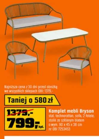 Komplet mebli Bryson stal technorattan sofa 2 fotele stolik ze szklanym blatem 90x45x38cm