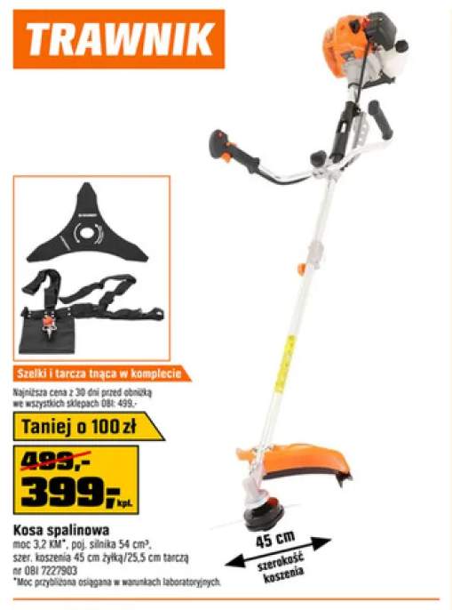 Kosa spalinowa moc 3,2 KM poj. silnika 54 cm3 szer. koszenia 45cm żyłka/25,5cm tarcza