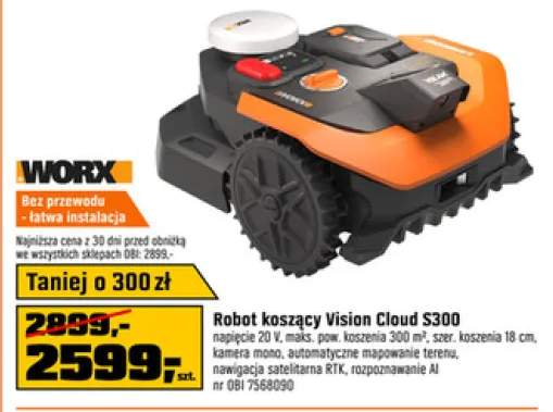 Robot koszący WORX Vision Cloud S300 napięcie 20V maks. pow. koszenia 300 m2 szer. koszenia 18cm kamera mono automatyczne mapowanie terenu nawigacja satelitarna RTK rozpoznawanie AI