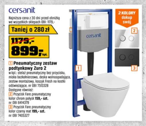 Pneumatyczny zestaw podtynkowy Cersanit Zuro 2 w kpl.: stelaż pneumatyczny bez przycisku, miska bezkołnierzowa, deska wolnoopadająca, zestaw montażowy, koszyk Fresh na kostki odświeżające