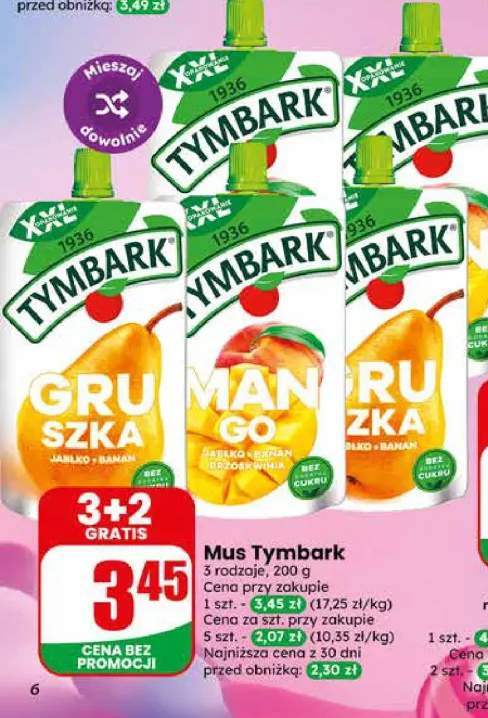 Mus Tymbark Mango Jabłko Banan Brzoskwinia bez dodatku cukru