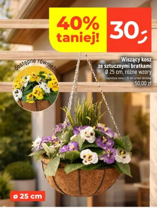 Wiszący kosz ze sztucznymi bratkami Ø 25 cm