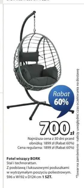 Fotel wiszący BORK Stal i technorattan S96xW192xD124cm