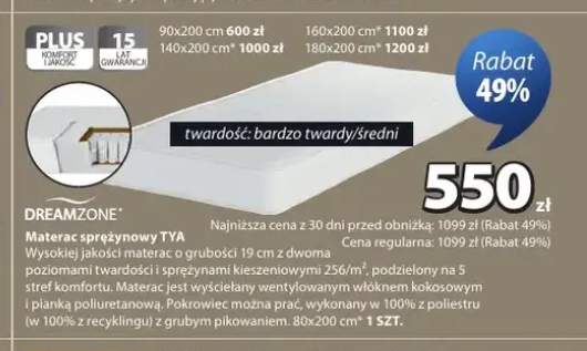 Materac sprężynowy DREAMZONE TYA bardzo twardy/średni 90x200cm