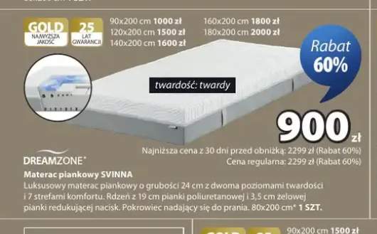 Materac piankowy DREAMZONE SVINNA twardy 160x200cm