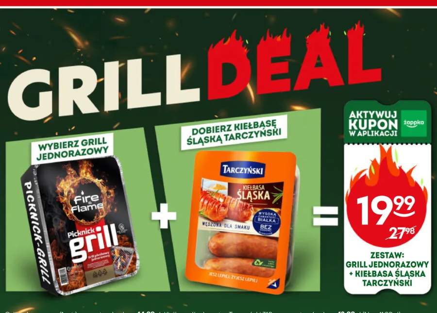 Zestaw: Grill jednorazowy Fire & Flame + Kiełbasa śląska extra Tarczyński 310 g