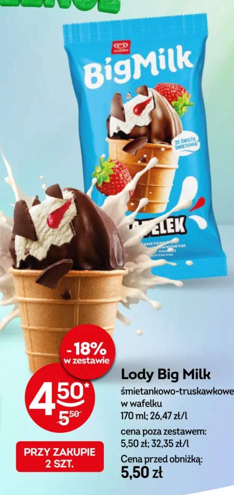Lody Big Milk śmietankowo-truskawkowe w wafelku
