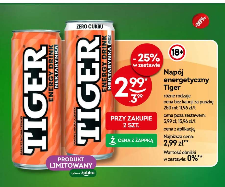 Napój energetyczny Tiger Nektarynka Zero Cukru