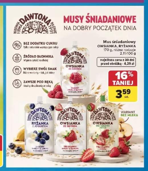 Mus śniadaniowy owsianka ze skyrem Dawtona maliny jabłka banany