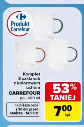 Komplet 3 szklanek z kolorowym uchem Carrefour