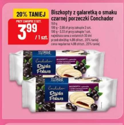 Biszkopty z galaretką o smaku czarnej porzeczki w białej czekoladzie Conchador Rajska Pokusa