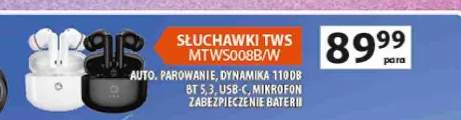 Słuchawki TWS Manta MTWS008B/W auto. parowanie, dynamika 110dB BT 5,3, USB-C, mikrofon zabezpieczenie baterii