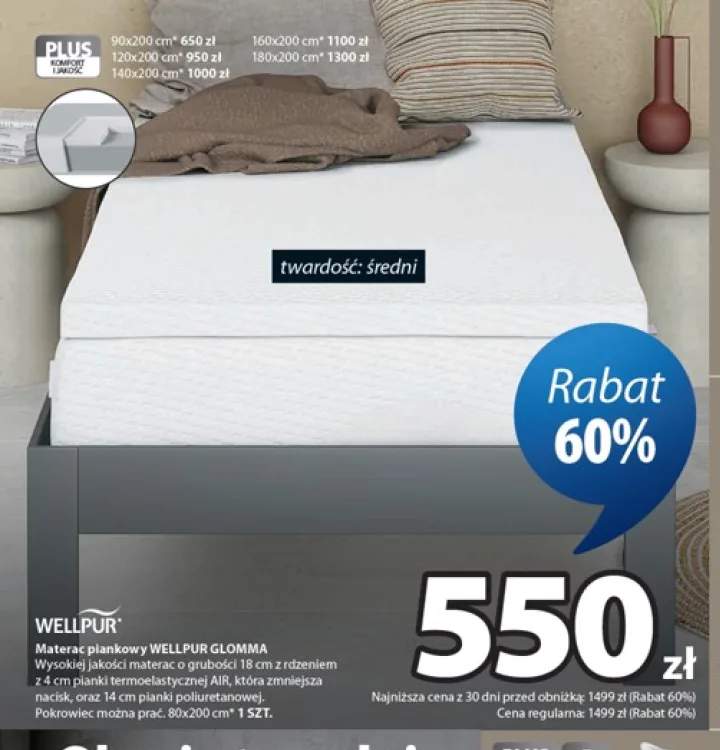 Materac piankowy WELLPUR GLOMMA 80x200 cm